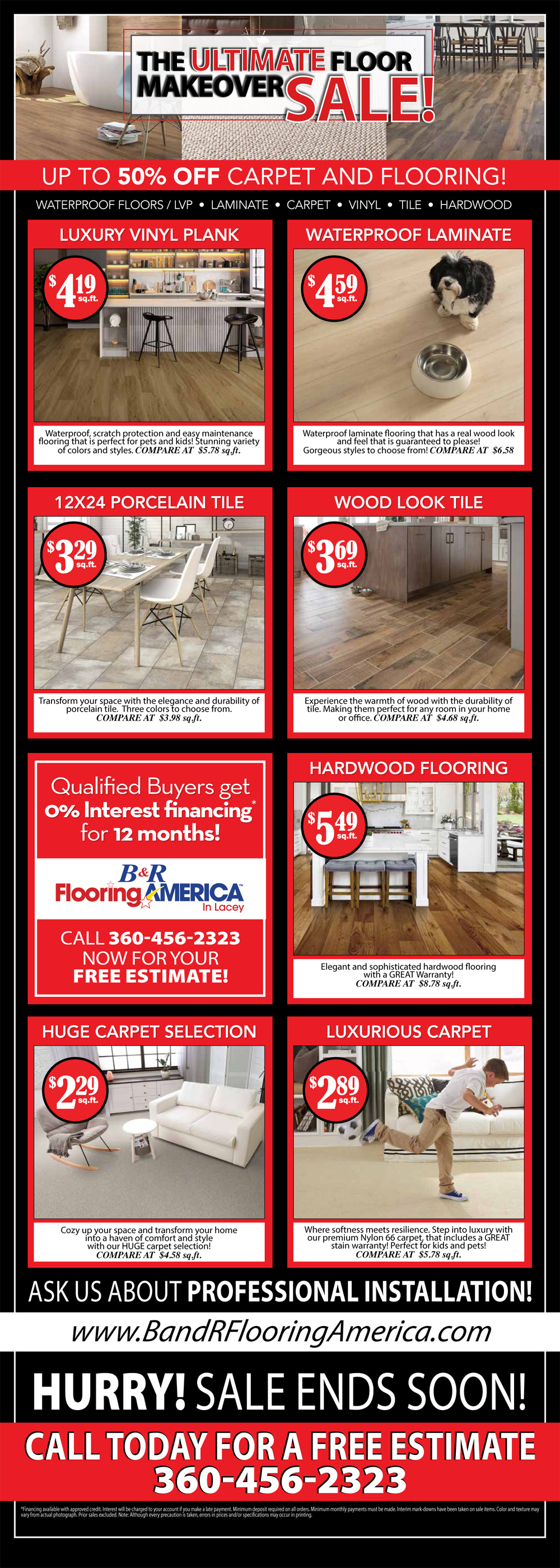 Hardwood, laminate, carpet, luxury vinyl plank and ceramic flooring